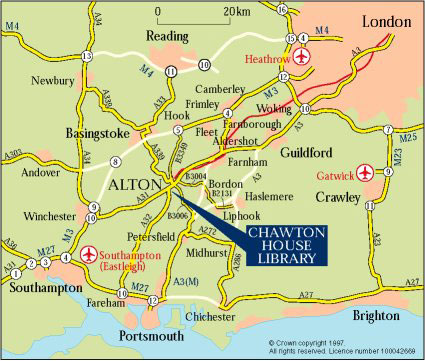 Map showing how to get to CHawton House Library from Alton by road.